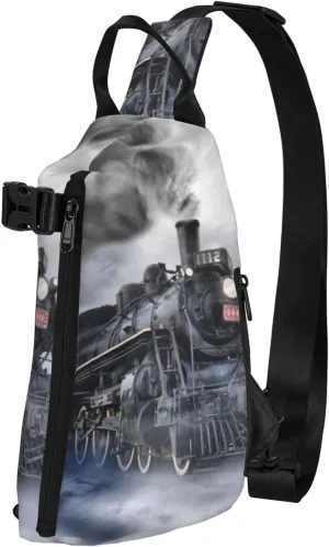 Steam Train Clouds Print Crossbody Backpack Unisex Chest Bag, Lightweight And Sling Bag For Travel