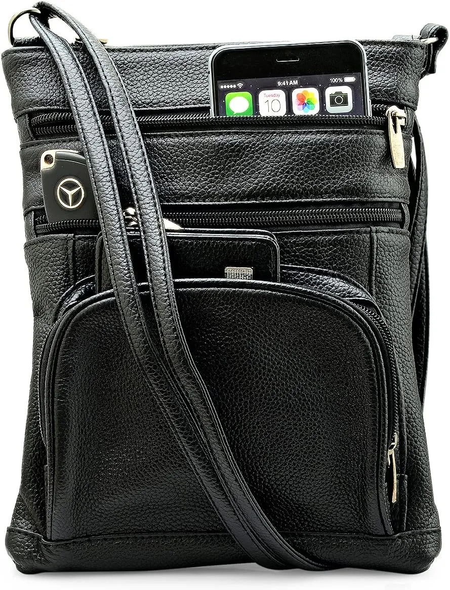 Steeltime Unisex Super Soft Leather Crossbody Bag Featuring The Serenity Prayer with 6 Compartments and Carrying Strap