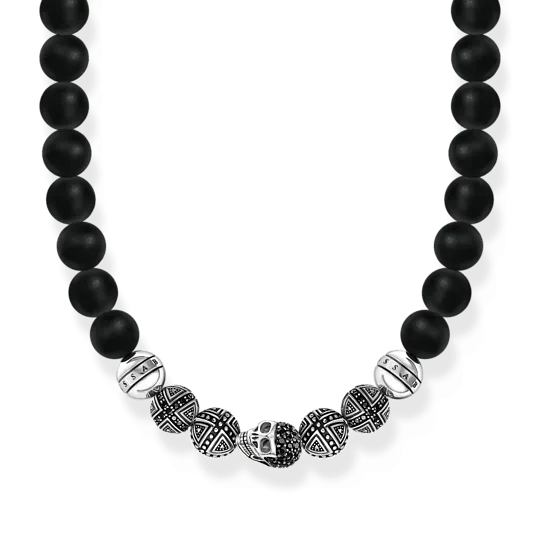Sterling Silver Skull & Crosses Obsidian Necklace KE1100-159-11
