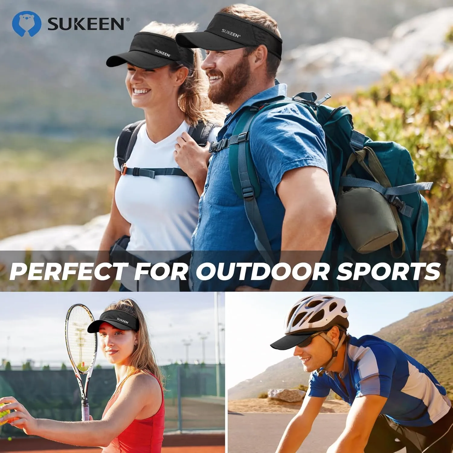 Sukeen 2 Pack Sports Sun Visor Men Women Lightweight Packable Cooling Stretchy Visor Hat for Running, Tennis, Golf
