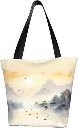 Sunset Mountain Illustration Women's fashion shoulder bag, shopping handbag, suitable for weekend travel shopping shoulder bag messenger bag