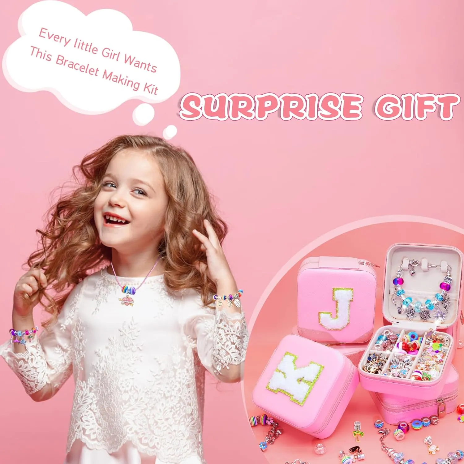 SUREHOME Charm Bracelet Making Kit, Jewelry Making Kit with Jewelry Box Arts and Crafts for Girls Ages 8-12 Personalized Birthday Christmas Gifts for 6-8 5 6 7 7  8  9 10 11 Year Old Girls -Initial J