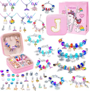 SUREHOME Charm Bracelet Making Kit, Jewelry Making Kit with Jewelry Box Arts and Crafts for Girls Ages 8-12 Personalized Birthday Christmas Gifts for 6-8 5 6 7 7  8  9 10 11 Year Old Girls -Initial J