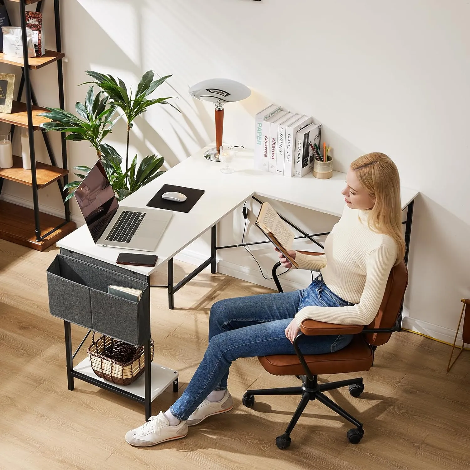 Sweetcrispy L Shaped Computer Desk - Gaming Corner 50 Inch PC White Writing Study Student Table with Wooden Desktop CPU Stand Side Bag Reversible for Home Office Room Small Space, White