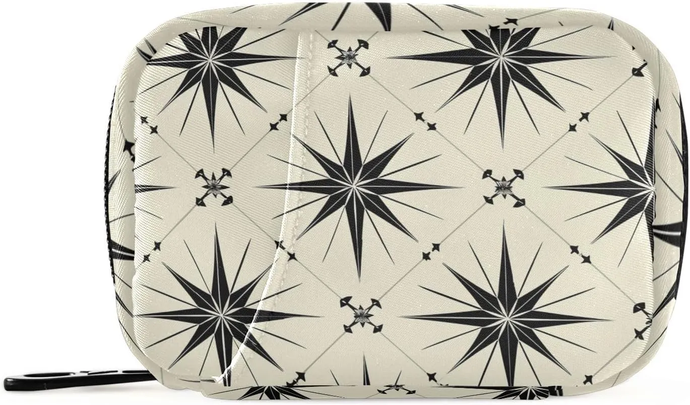 Symmetrical Stars Black Travel Bag with Detachable Compartments Portable Travel Pill case for Purse