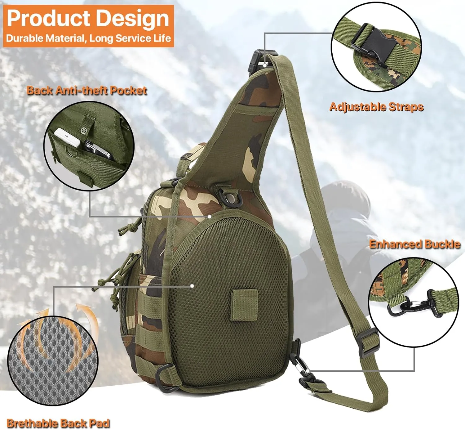 Tactical Sling Bag for Men, Small Crossbody Bag Chest Holster, EDC Shoulder Bag, Woodland Camoflage