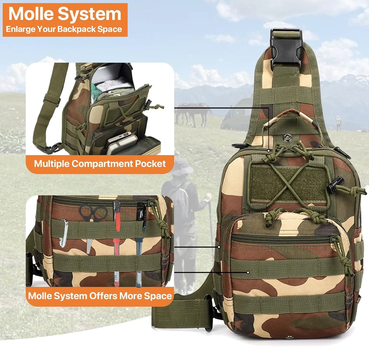 Tactical Sling Bag for Men, Small Crossbody Bag Chest Holster, EDC Shoulder Bag, Woodland Camoflage