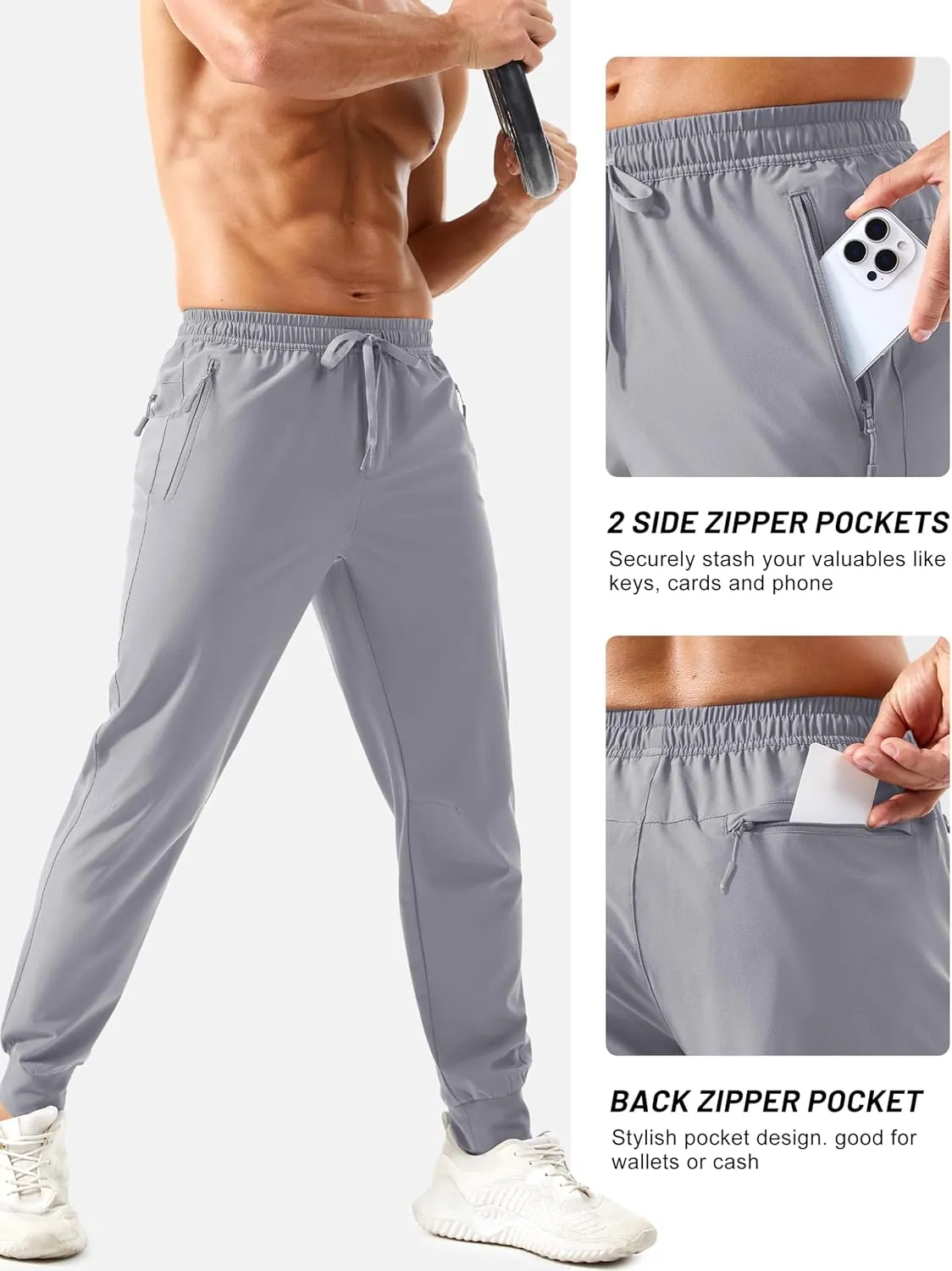 TACVASEN Men's Lightweight Athletic Joggers with Zipper Pockets Quick Dry Track Pants for Men Gym Sweatpants Workout Golf