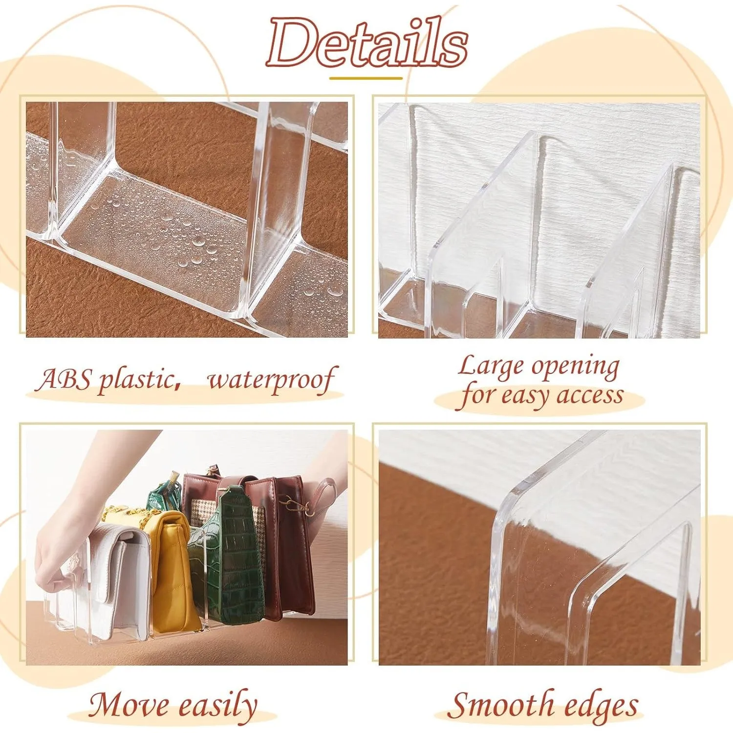 Taiyin Purse Handbag Organizer Clear Plastic Bag Organizer for Closet 13 x 6 x 5 Inches 4 Sections Shelf Divider Closet Organizers and Storage File Sorter Stand Holder Bookshelf(2 Pcs)