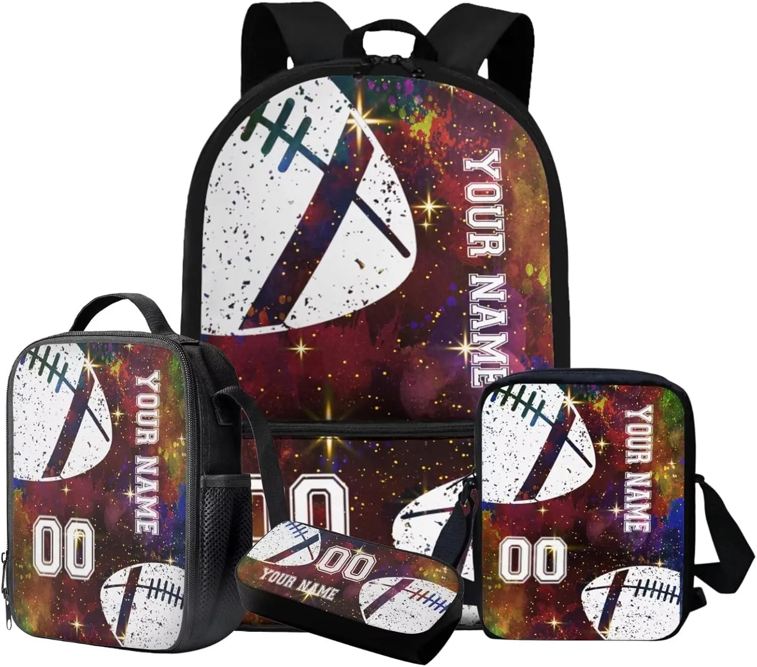 Talayituse American Football Print School Backpack for Boys Girls Bookbag with Lunch Tote Bag Pencil Case Crossbody Bag Galaxy Star School Bag Daypack for Kids Kindergarten Rucksack, Set of 4