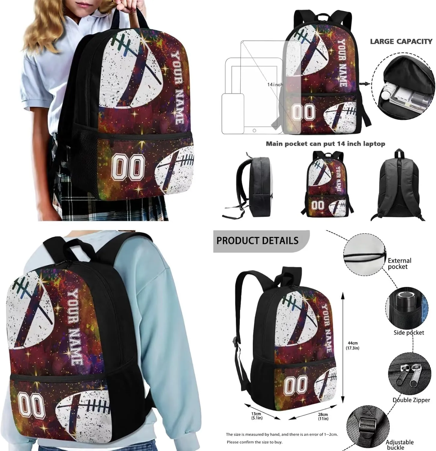 Talayituse American Football Print School Backpack for Boys Girls Bookbag with Lunch Tote Bag Pencil Case Crossbody Bag Galaxy Star School Bag Daypack for Kids Kindergarten Rucksack, Set of 4