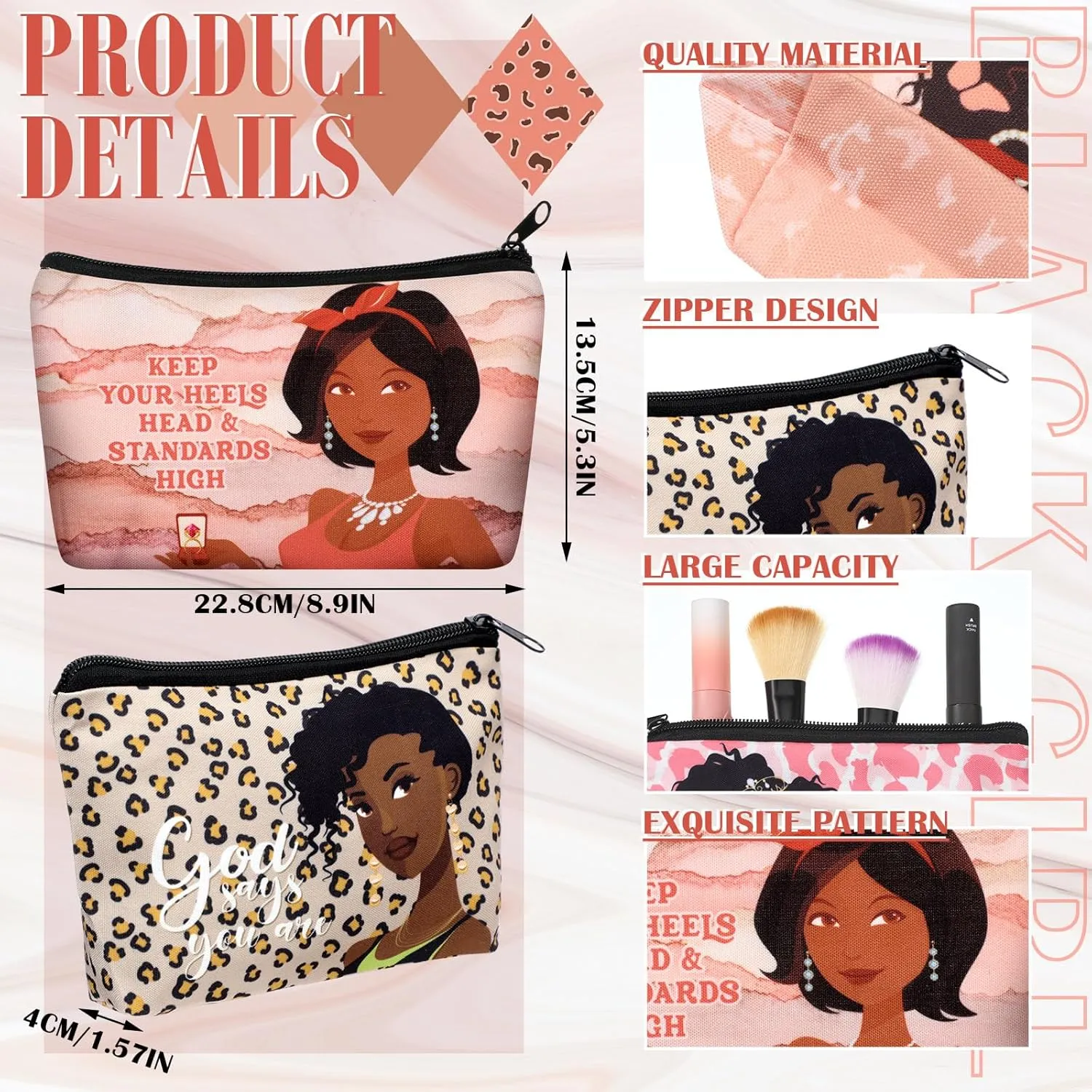 Talltalk 24 Pcs Black African Women Makeup Bag Toiletry Canvas Makeup Bags Zipper Cosmetic Pouch Reusable Multi Purpose Organizer for Mother's Day Inspirational Gifts