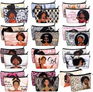 Talltalk 24 Pcs Black African Women Makeup Bag Toiletry Canvas Makeup Bags Zipper Cosmetic Pouch Reusable Multi Purpose Organizer for Mother's Day Inspirational Gifts