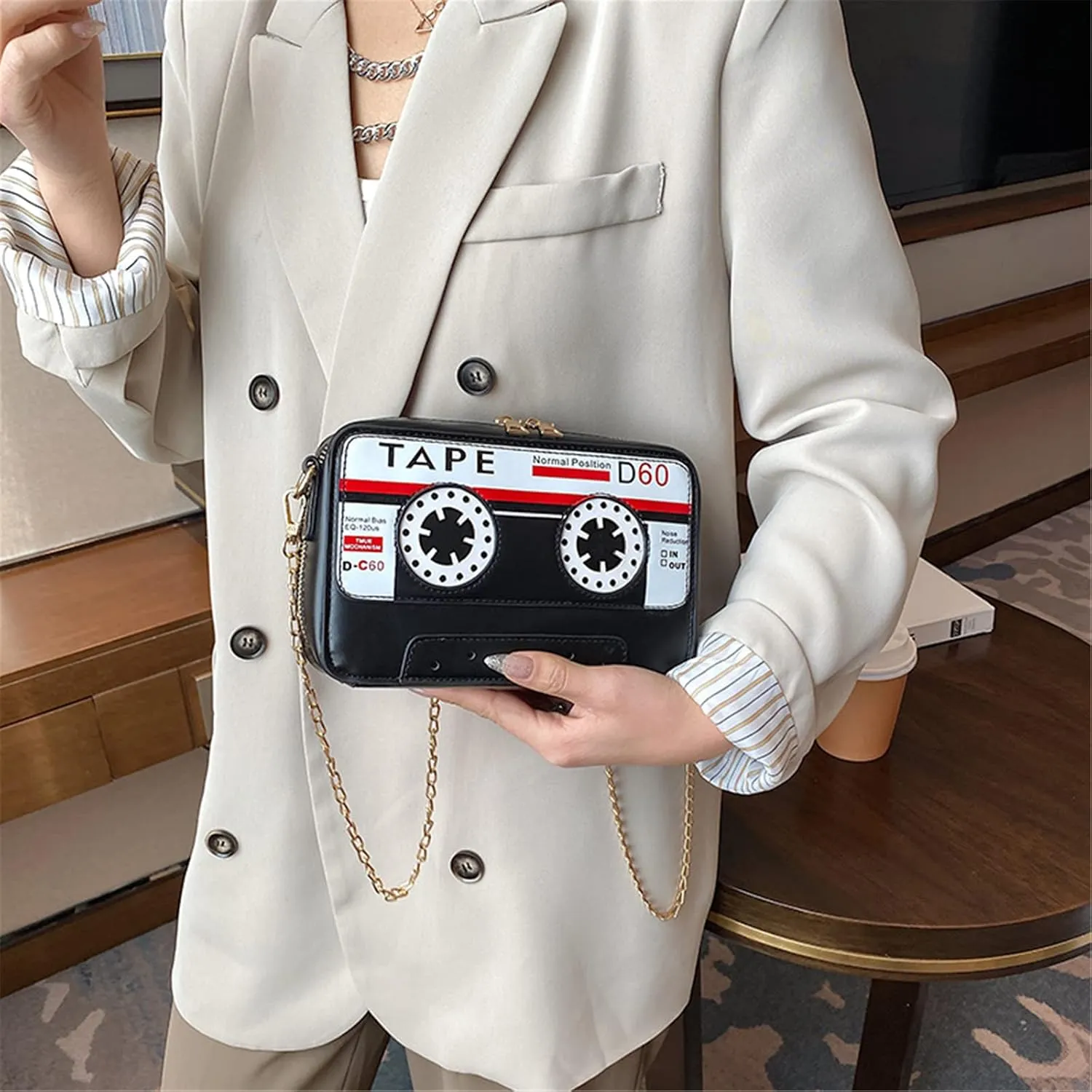 Tape Shaped Shoulder Bag Radio Recorder PU Audio Cassette Crossbody Bag Women's Retro Evening Bag Handbag Clutch Purse