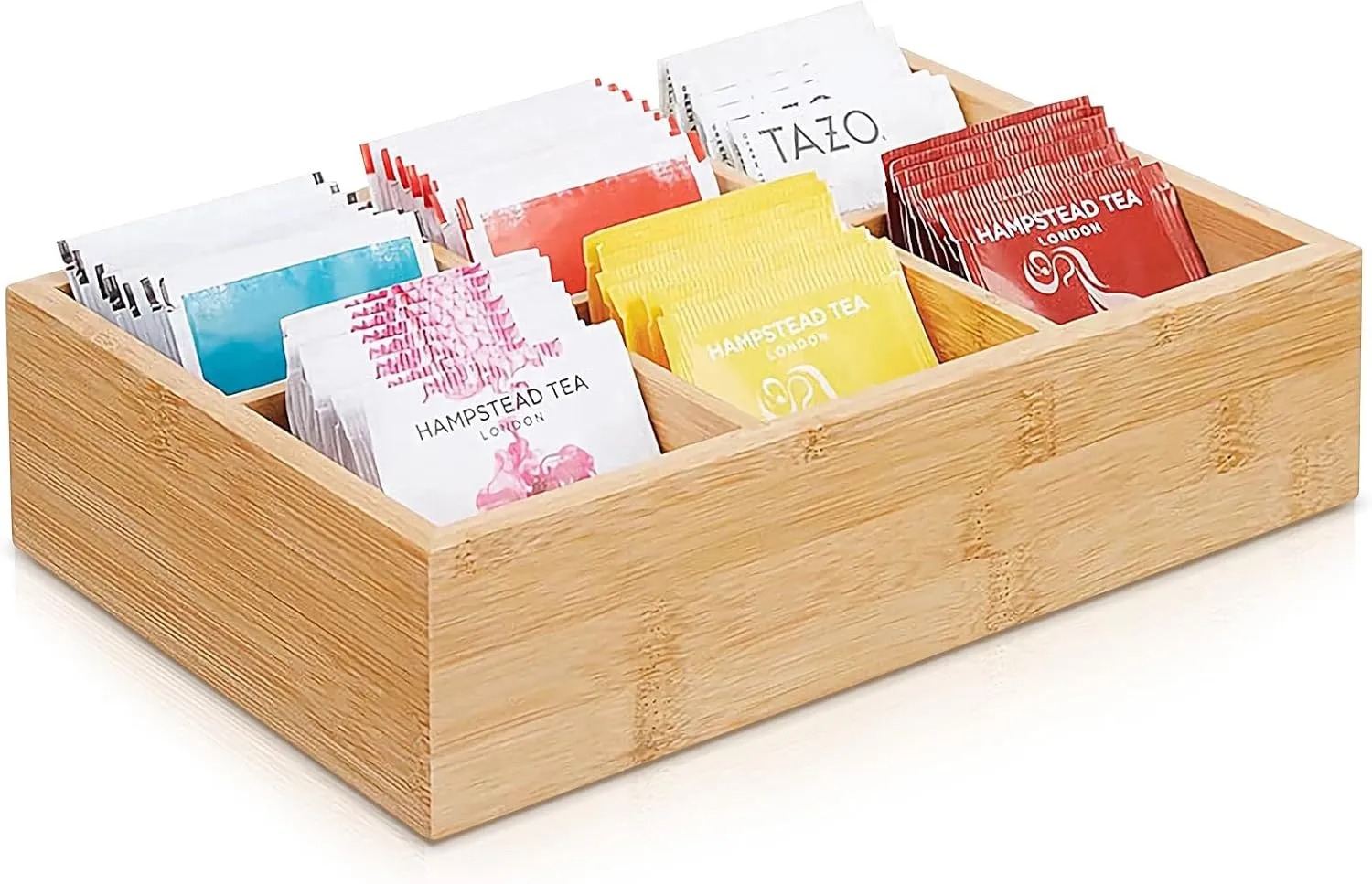 Tea Bag Organizer for Drawer,Bamboo Divided Tea Bag Container,Tea Bag Storage Holder for Office Kitchen Countertop Cabinet Pantry Drawer