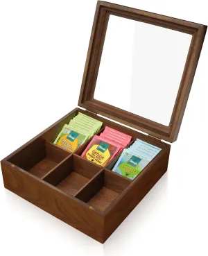 Tea Bag Organizer Storage Box with Acrylic Window & Magnetic Lid Wooden 6 Compartments Tea Caddy Holder for Countertop Cabinet Pantry