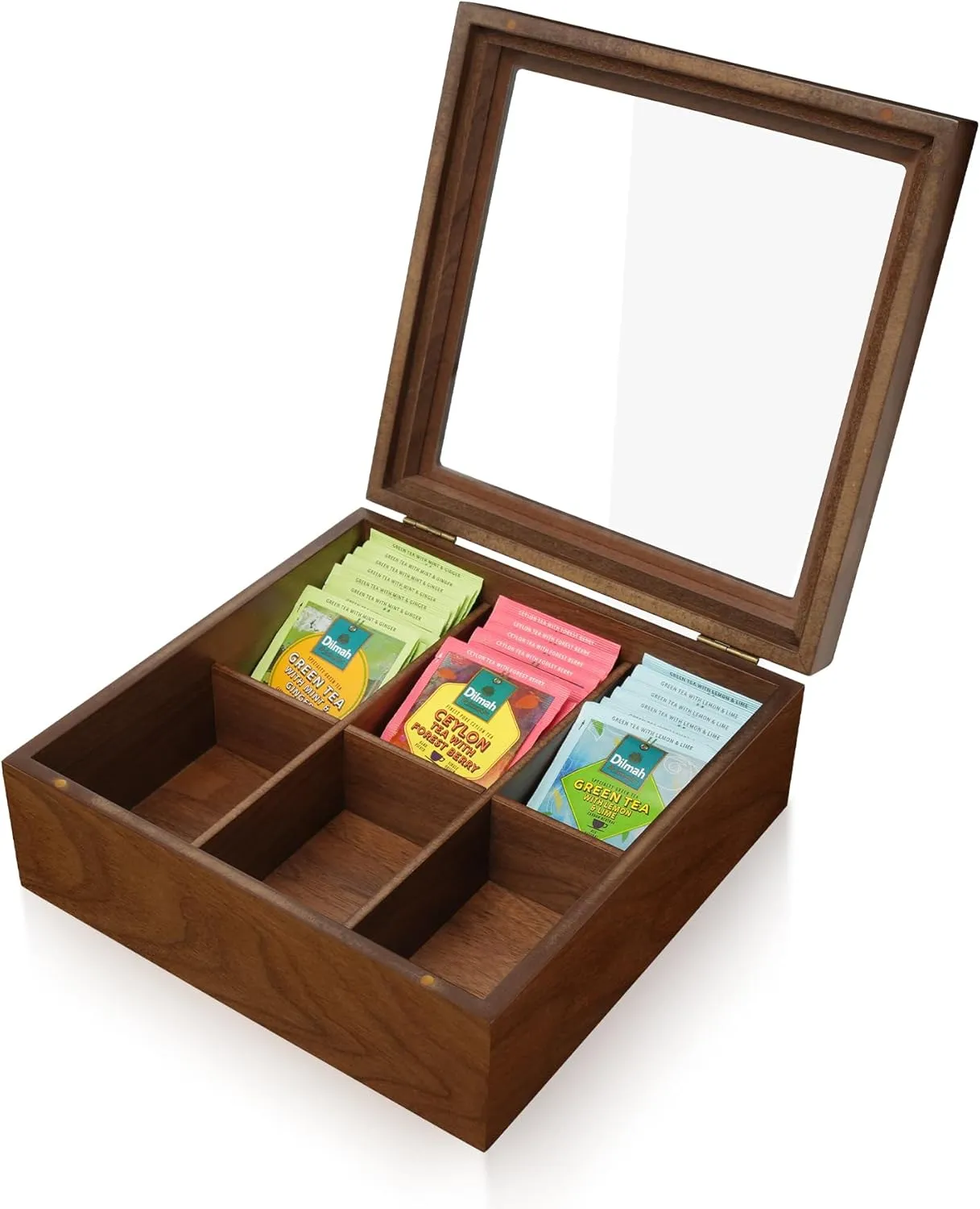 Tea Bag Organizer Storage Box with Acrylic Window & Magnetic Lid Wooden 6 Compartments Tea Caddy Holder for Countertop Cabinet Pantry