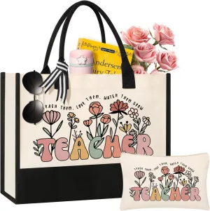 Teacher Appreciation Gifts, Canvas Tote Bag and Makeup Bag Set for Women, Thank You Gift from Student, End of Year