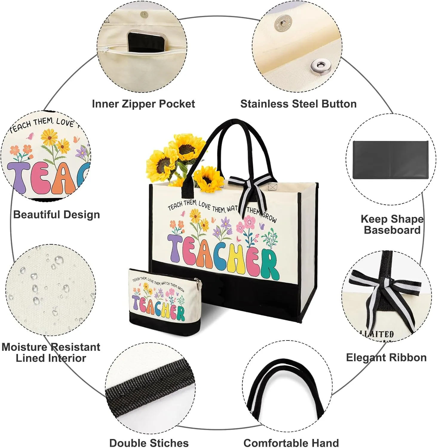 Teacher Appreciation Gifts - Large Canvas Tote Bags with Makeup Bag for Women, Perfect for Teacher's Day or Graduation