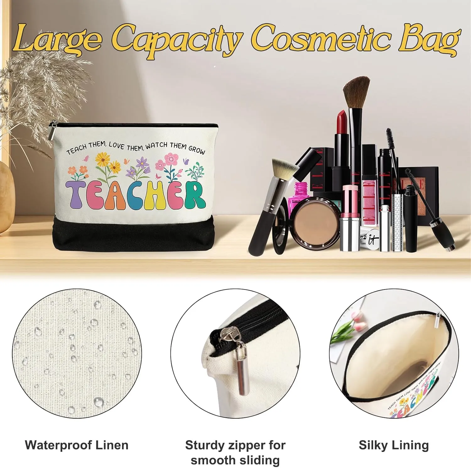 Teacher Appreciation Gifts - Large Canvas Tote Bags with Makeup Bag for Women, Perfect for Teacher's Day or Graduation