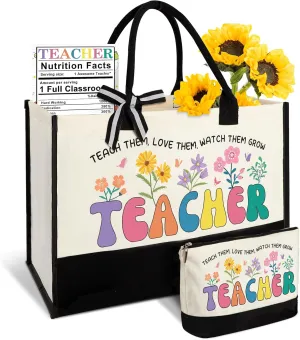 Teacher Appreciation Gifts - Large Canvas Tote Bags with Makeup Bag for Women, Perfect for Teacher's Day or Graduation