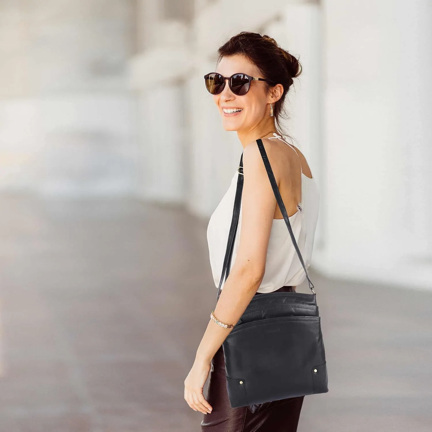 Terry Large Soft Real Leather Womens Crossbody Handbags and Purses-Triple Zip Premium Sling Crossover Shoulder Bag