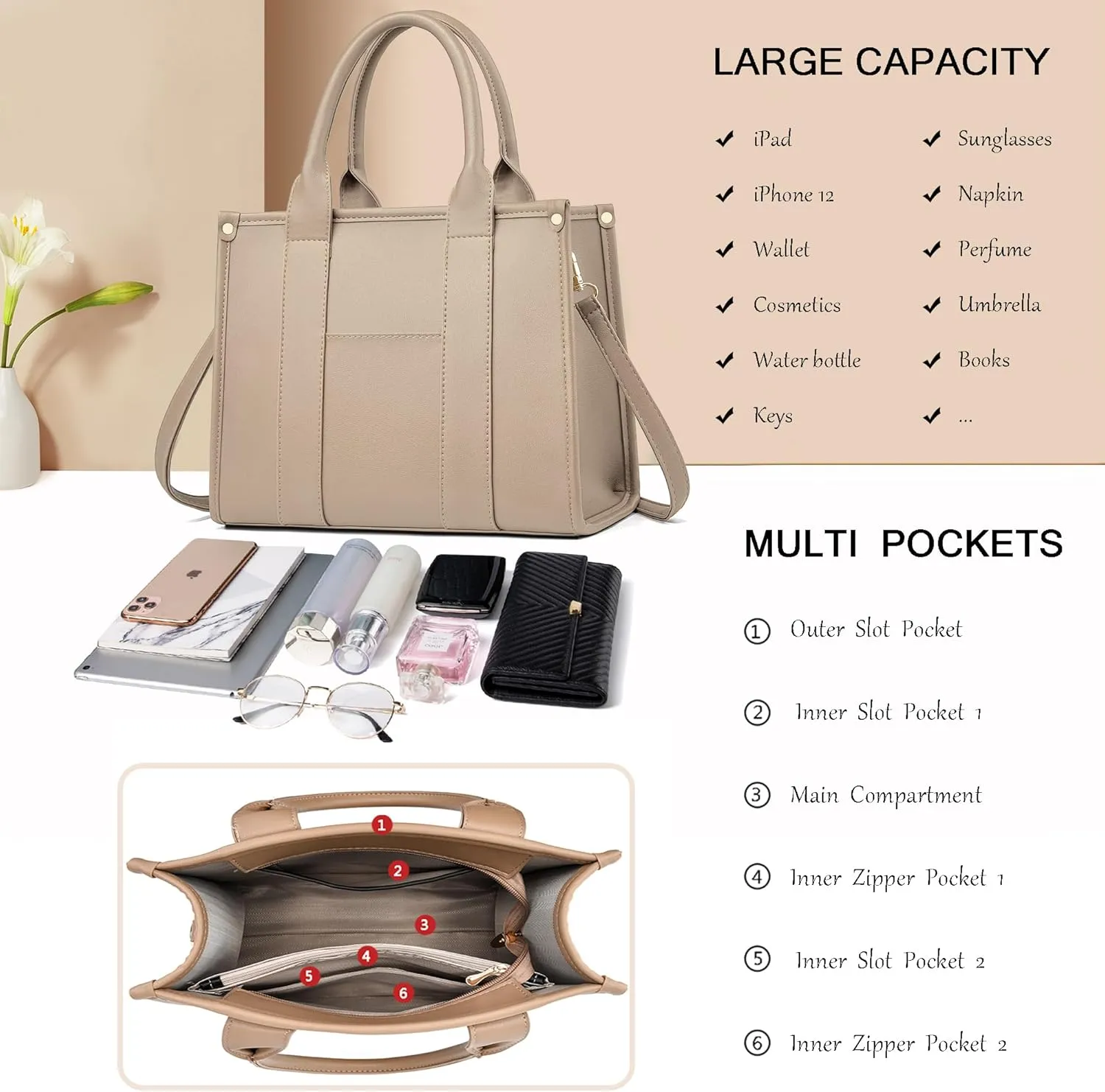 The Tote Bag Crossbody Purses for Women Shoulder Bag Handbags PU Leather Top Handle Bags with zipper