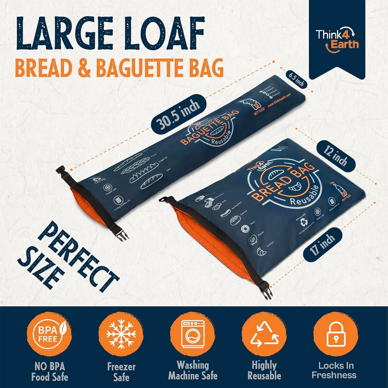 Think4Earth® – Mixed Set Large Bread & Baguette Bags - Reusable freezer large bag for homemade bread maker gift giving - Bread Container for Sourdough Loafs Storage.