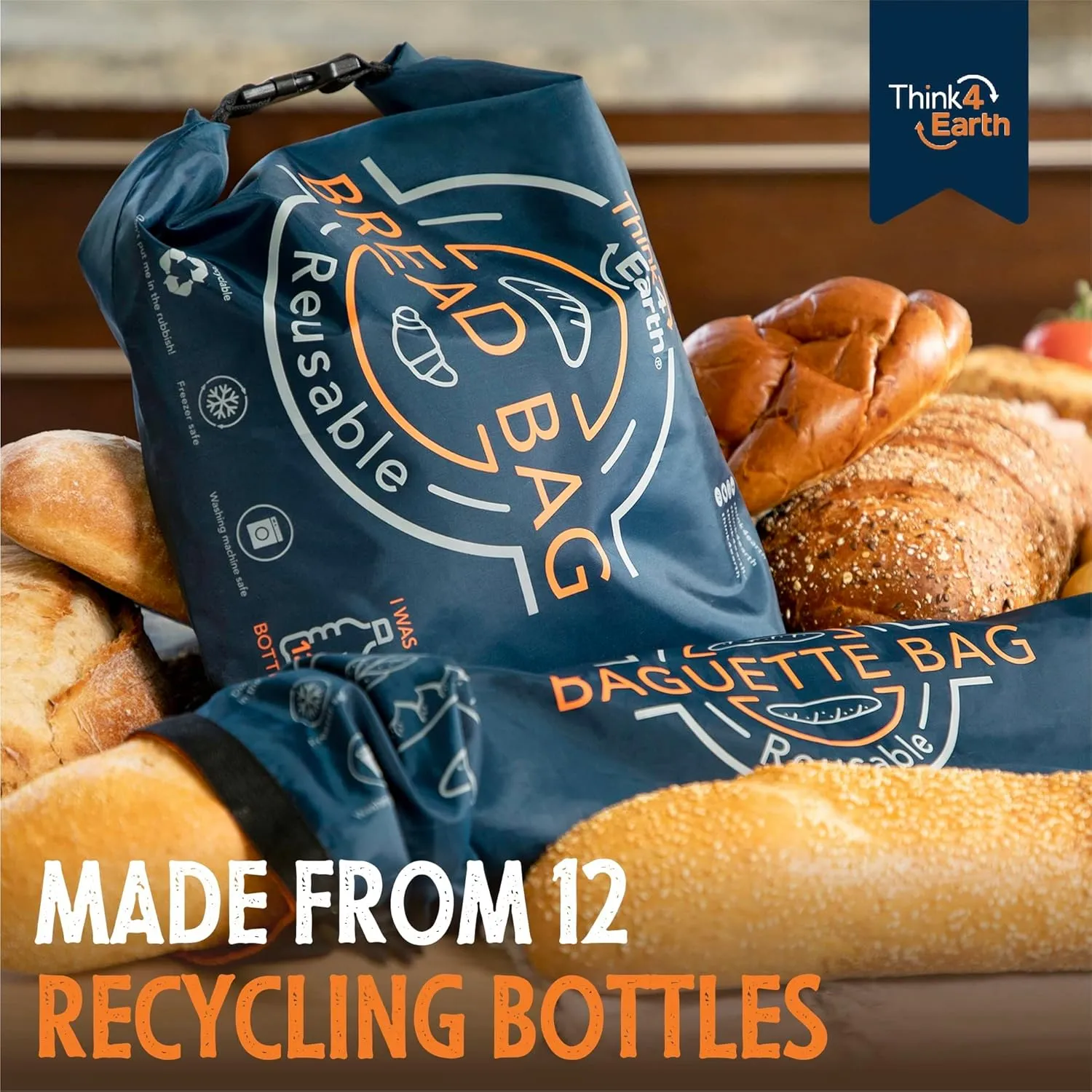 Think4Earth® – Mixed Set Large Bread & Baguette Bags - Reusable freezer large bag for homemade bread maker gift giving - Bread Container for Sourdough Loafs Storage.