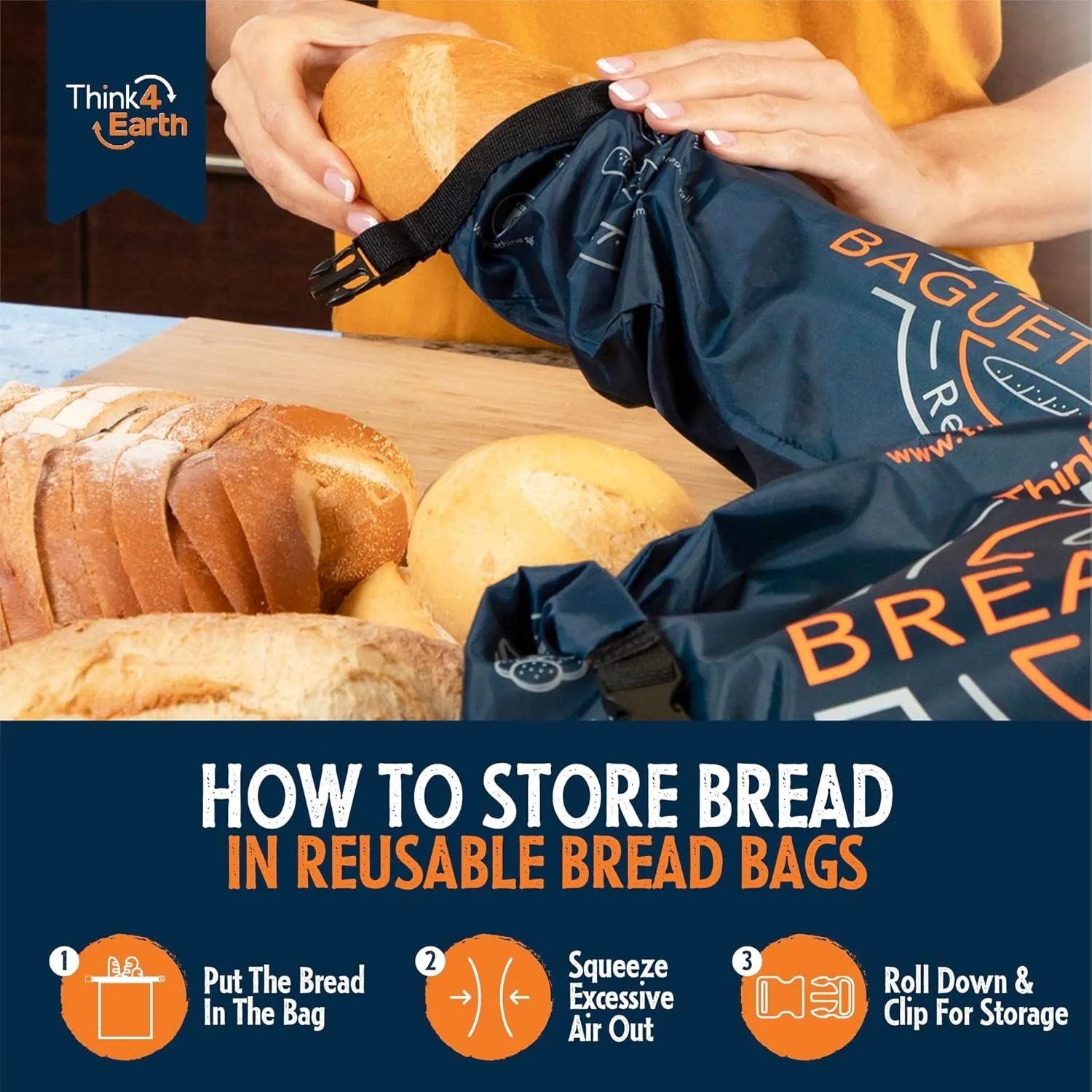 Think4Earth® – Mixed Set Large Bread & Baguette Bags - Reusable freezer large bag for homemade bread maker gift giving - Bread Container for Sourdough Loafs Storage.