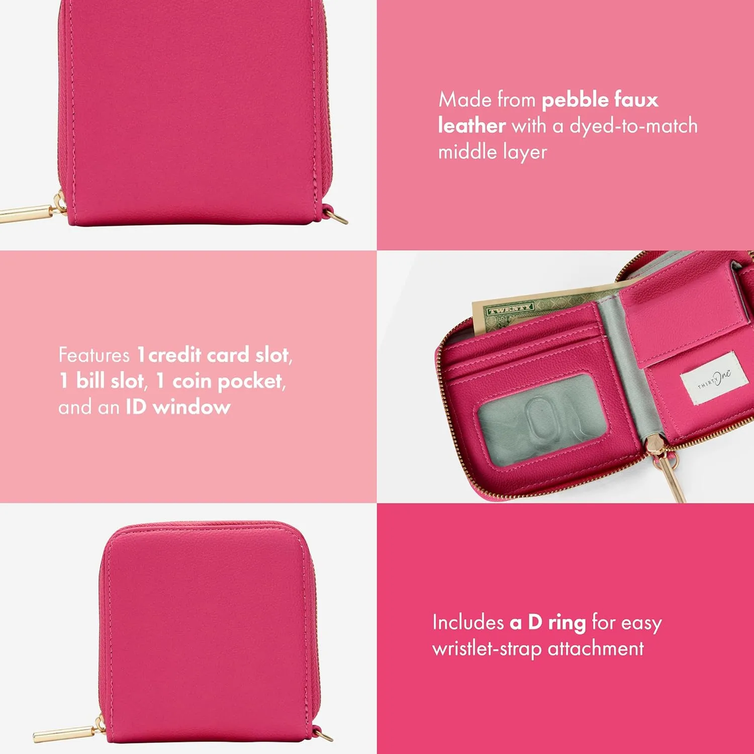 THIRTY-ONE Gifts Mini All About the Benjamins Wallet, Mini Card Wallet for Women, Small Zipper Wallet with Bill Slot, Hibiscus Pink Smooth Pebble