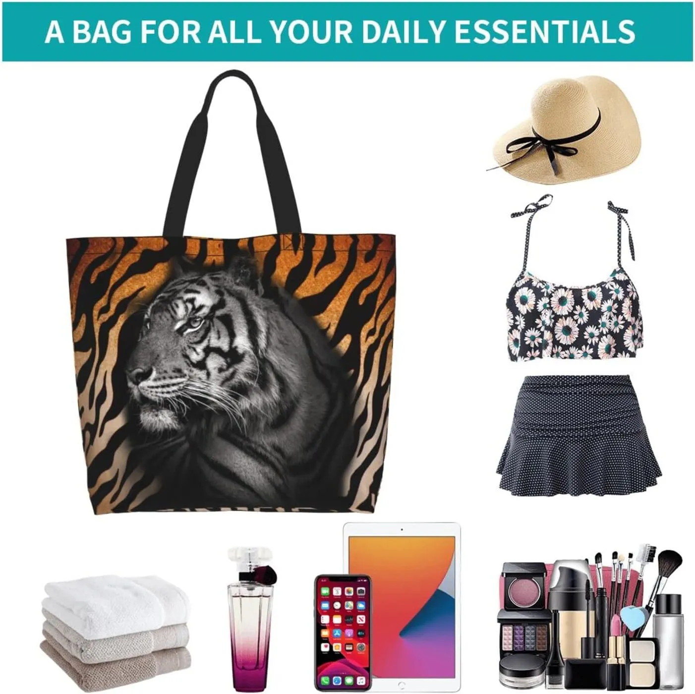 Tiger Shoulder Bag Cool Tiger Bags Storage Handle Shopping Bag Portable Animal Bag