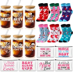 Tioncy 18 Pcs Nurse Appreciation Gifts Set for Women 16 oz Can Shaped Glass Cups with Lids and Straws Makeup Bags Socks for Nurses Week Graduation Gifts