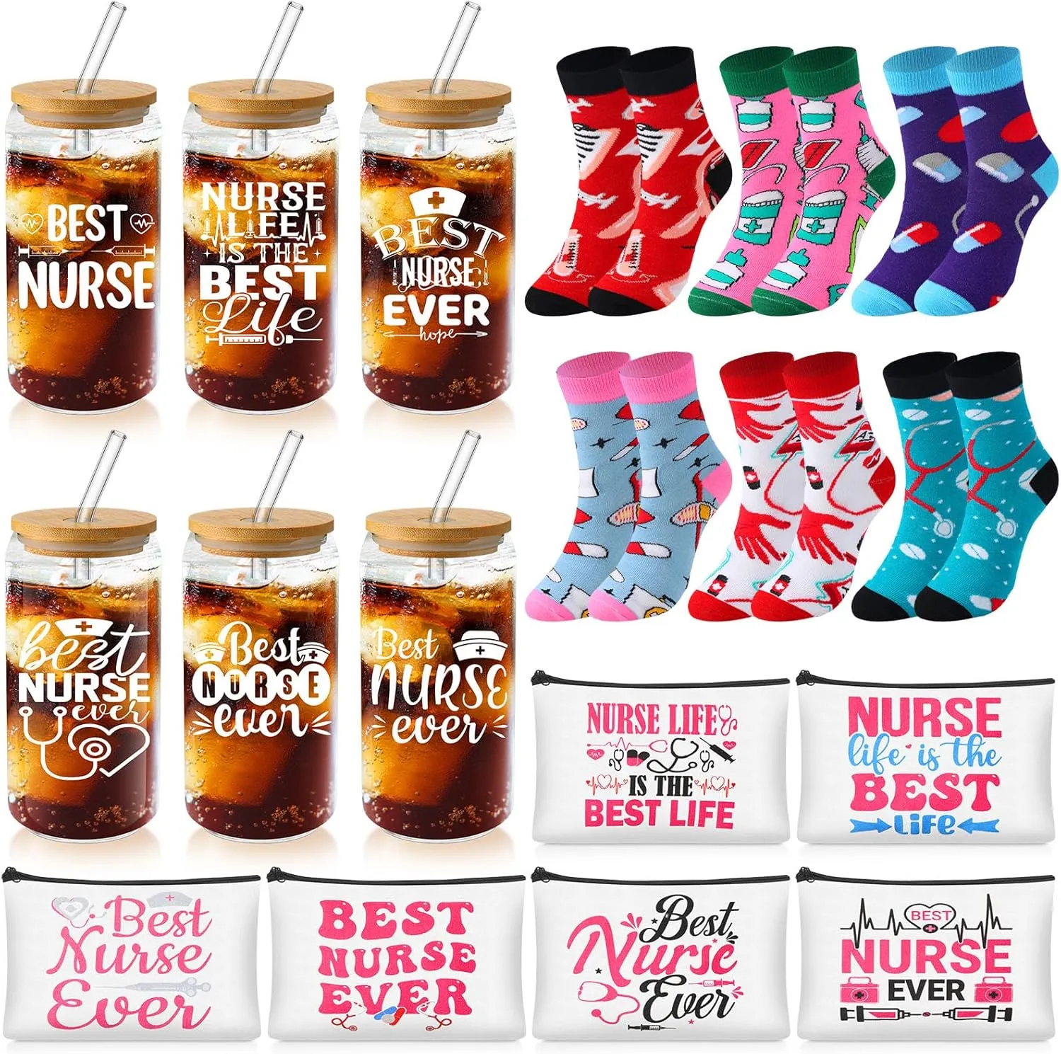 Tioncy 18 Pcs Nurse Appreciation Gifts Set for Women 16 oz Can Shaped Glass Cups with Lids and Straws Makeup Bags Socks for Nurses Week Graduation Gifts