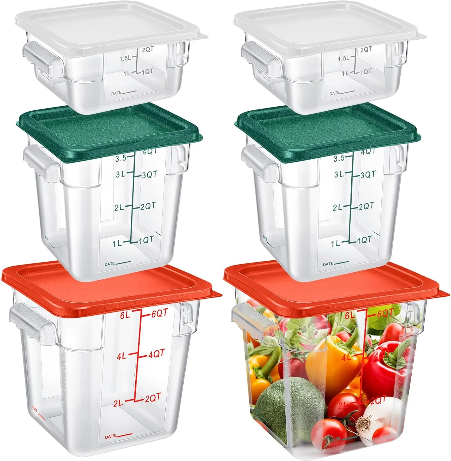 Tioncy 6 Pcs Food Storage Container with Lids Set 2 Qt 4 Qt 6 Qt Square Clear Commercial Containers with Scales Handles for Home Restaurant Kitchen Food Storage Proof Dough Marinating Meat