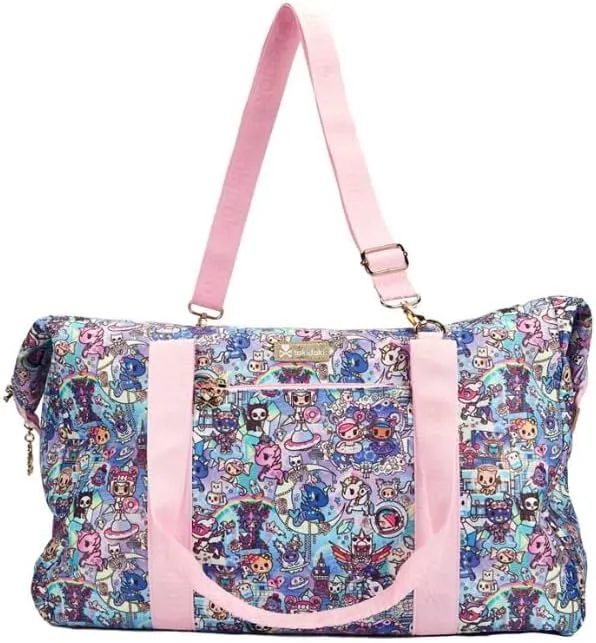 tokidoki - Travel Duffel Bag Carry-On Weekender - Double Zip Compartments, Padded Device Pocket, Adjustable Strap, Exterior & Interior Pockets - Gold Hardware, Periwinkle Lining
