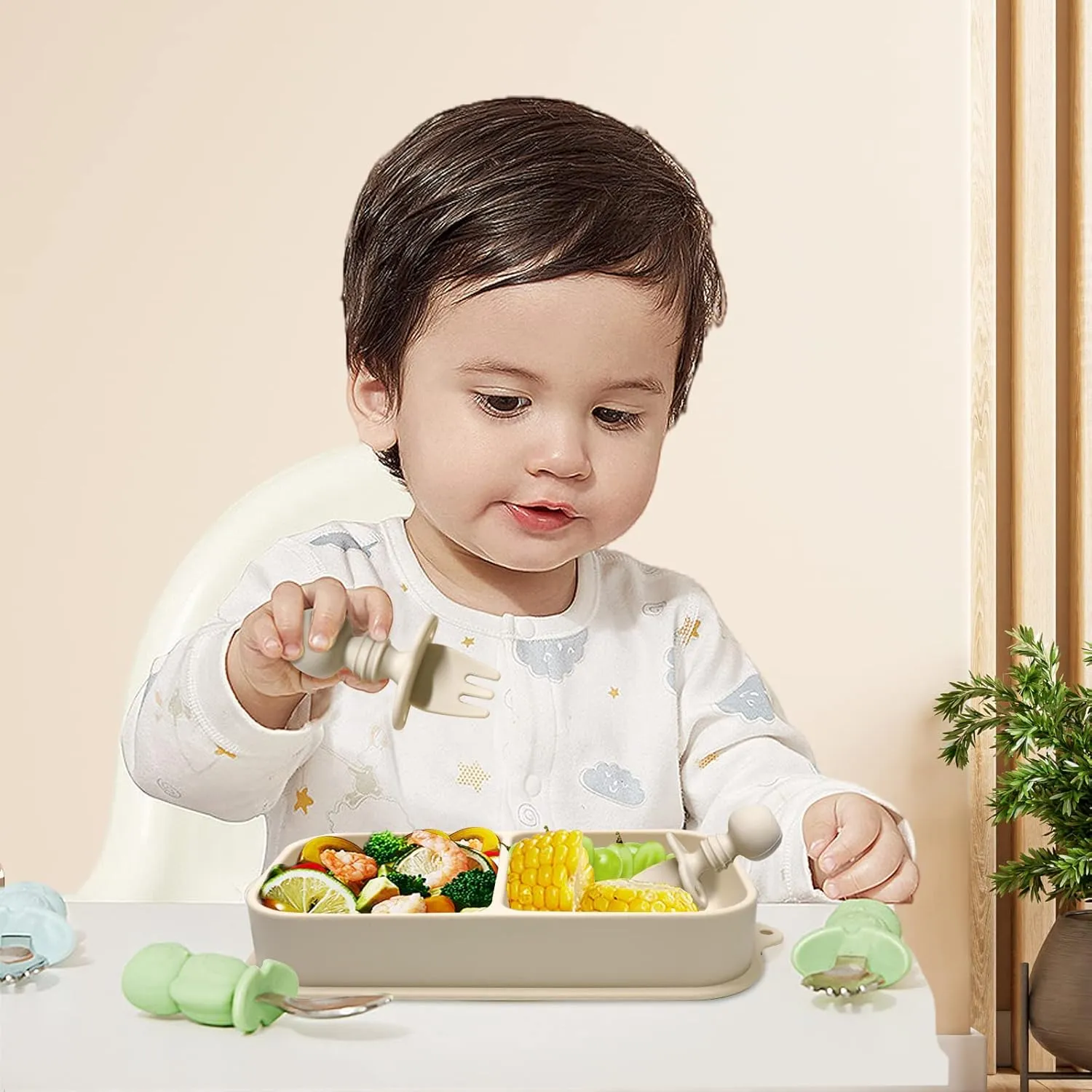 Travel Baby Suction Plate To Go, Portable Silicone Suction Plate Set for Toddler, Baby Divided Bowls with Utensils, Compact Design for Travel and Outdoor, Microwave & Dishwasher Safe