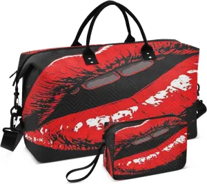 Travel Duffel Bag for Women Men, Red Lip Large Waterproof Weekender Overnight Bag, Detachable Shoulder Strap Travel Sport Gym Bag with Toiletry Bag
