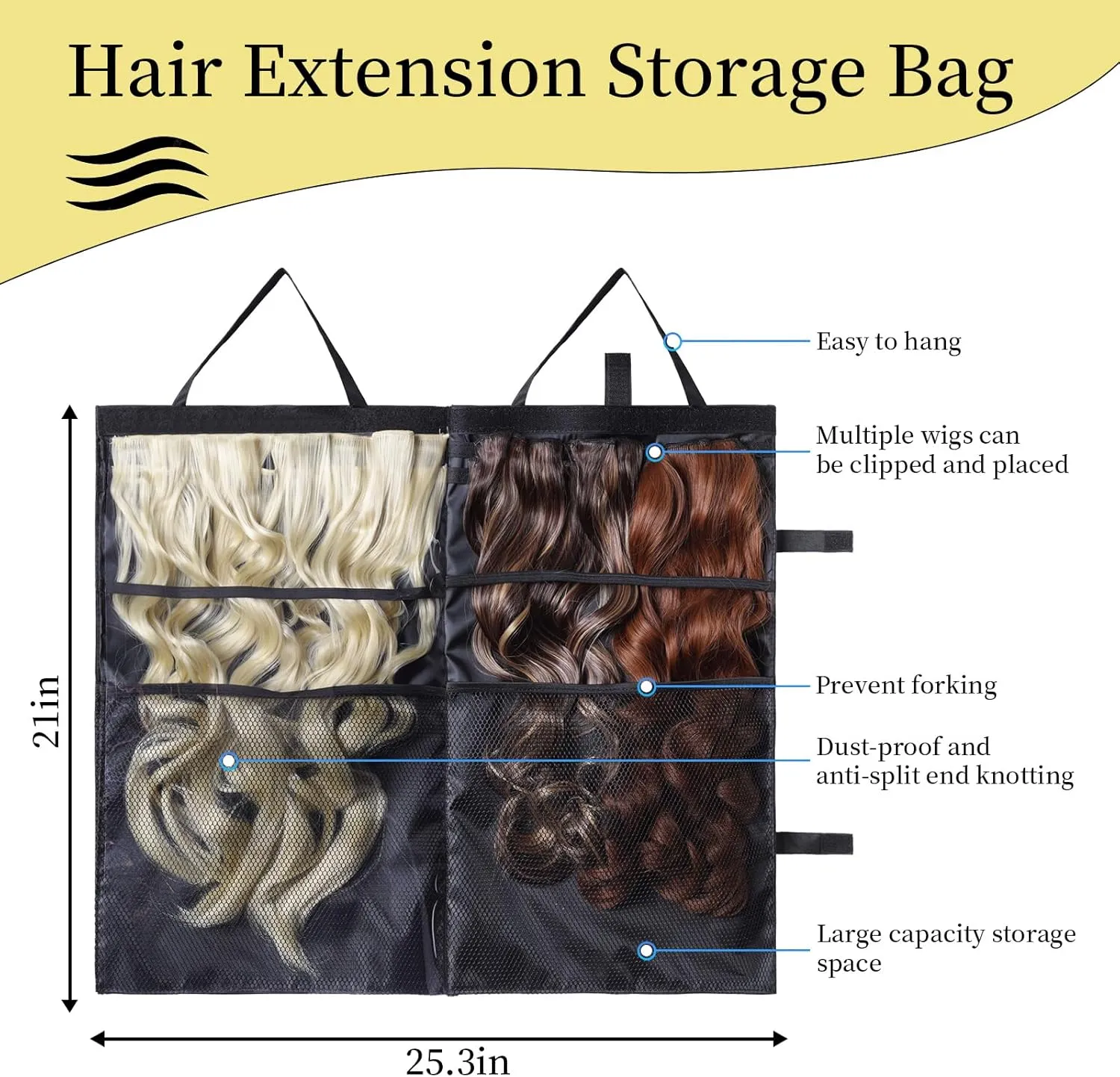 Travel-Friendly Halo Hair Extensions Holder Bag - Lightweight, Easy Fold,PVC Film And Fine Lining Prevents Wig Frizzy,Portable Wig Storage Hanger for Multiple Hairpieces (Black) (Two-sided storage)