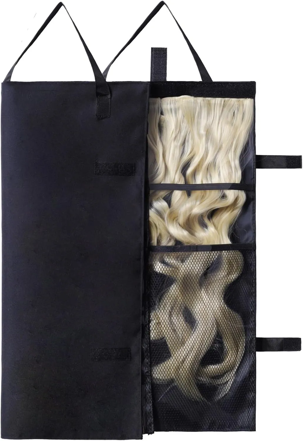 Travel-Friendly Halo Hair Extensions Holder Bag - Lightweight, Easy Fold,PVC Film And Fine Lining Prevents Wig Frizzy,Portable Wig Storage Hanger for Multiple Hairpieces (Black) (Two-sided storage)