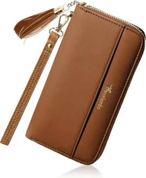 Travelambo Womens Wallet Tassel Bifold Ladies Cluth Wristlet Wrist strap Long Purse