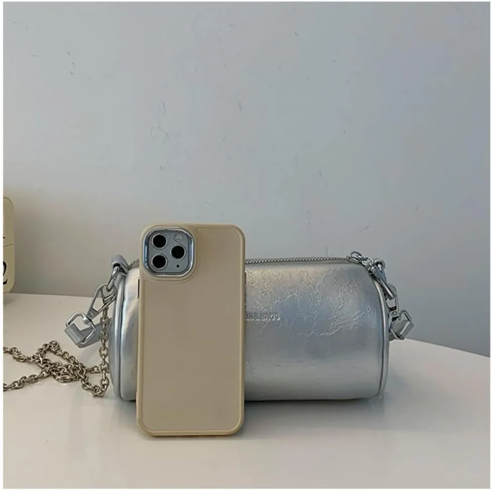 Trendy Silver Cylinder Bag for Women, Premium Soft Pillow Purse, Versatile Shoulder/Crossbody Bag Stylish Design