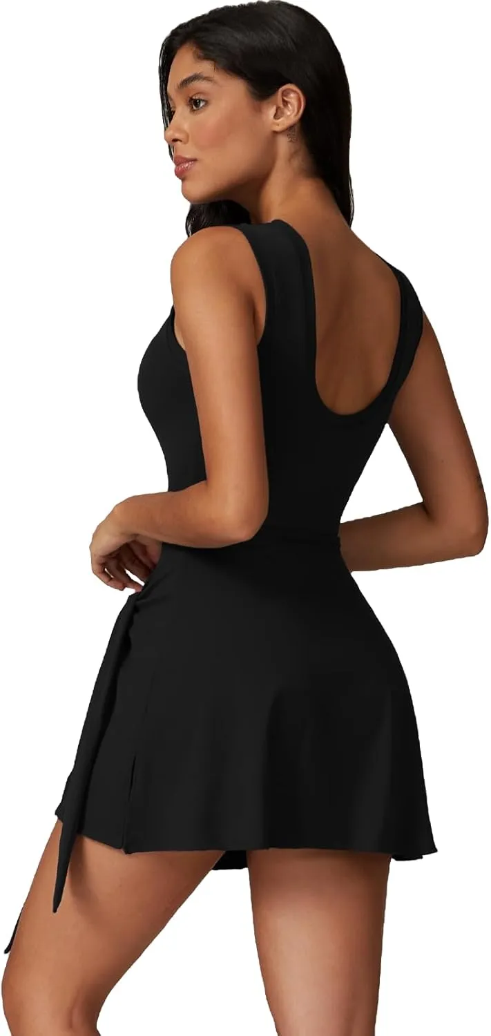 Two-in-One Mock Layered Sports Dress Workout Rompers Mini Tennis Dress Breathable Activewear