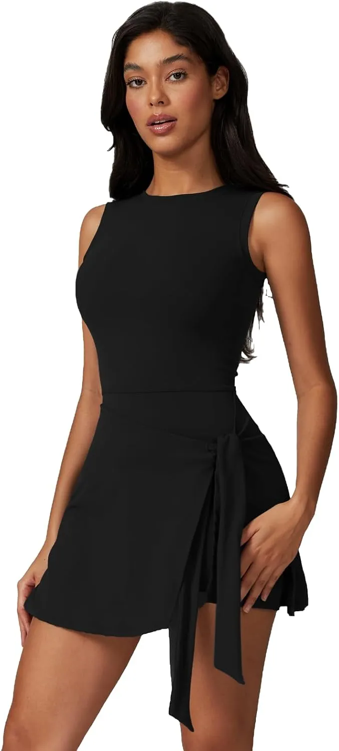Two-in-One Mock Layered Sports Dress Workout Rompers Mini Tennis Dress Breathable Activewear