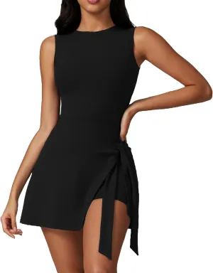 Two-in-One Mock Layered Sports Dress Workout Rompers Mini Tennis Dress Breathable Activewear