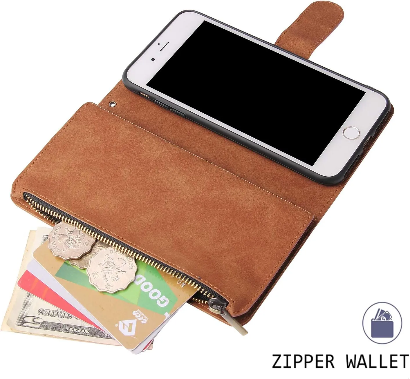UEEBAI Wallet Case for iPhone6 Plus/iPhone 6S Plus, PU Leather Case Magnetic Closure Handbag Zipper Pocket Case Kickstand Card Slots with Hand Strap Marple Flip Case for Women - Brown