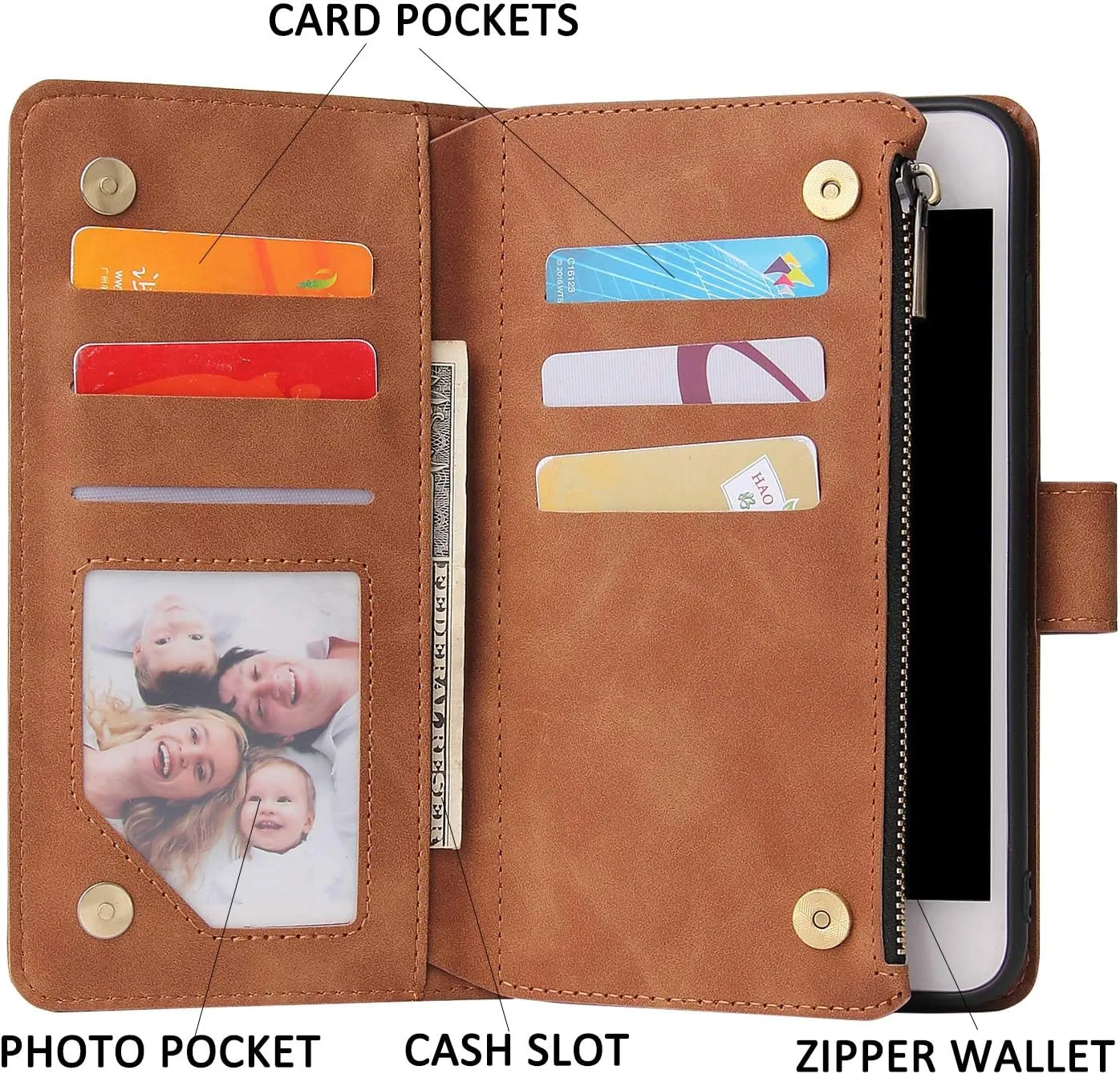 UEEBAI Wallet Case for iPhone6 Plus/iPhone 6S Plus, PU Leather Case Magnetic Closure Handbag Zipper Pocket Case Kickstand Card Slots with Hand Strap Marple Flip Case for Women - Brown