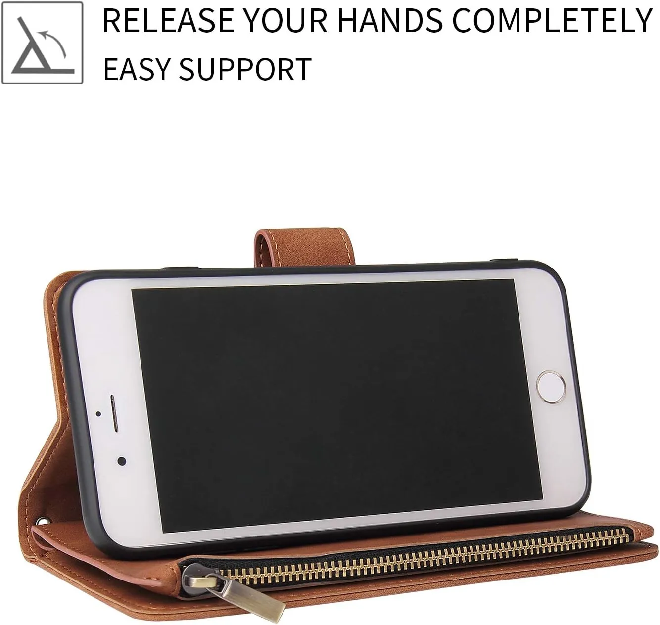 UEEBAI Wallet Case for iPhone6 Plus/iPhone 6S Plus, PU Leather Case Magnetic Closure Handbag Zipper Pocket Case Kickstand Card Slots with Hand Strap Marple Flip Case for Women - Brown
