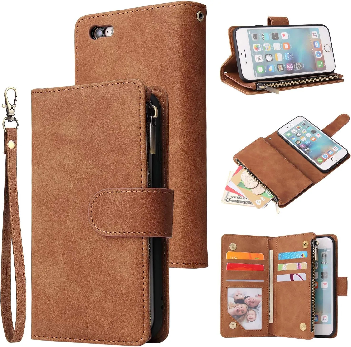 UEEBAI Wallet Case for iPhone6 Plus/iPhone 6S Plus, PU Leather Case Magnetic Closure Handbag Zipper Pocket Case Kickstand Card Slots with Hand Strap Marple Flip Case for Women - Brown