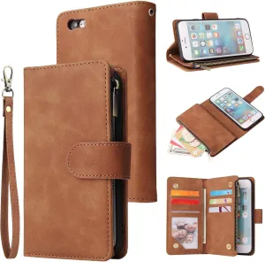 UEEBAI Wallet Case for iPhone6 Plus/iPhone 6S Plus, PU Leather Case Magnetic Closure Handbag Zipper Pocket Case Kickstand Card Slots with Hand Strap Marple Flip Case for Women - Brown